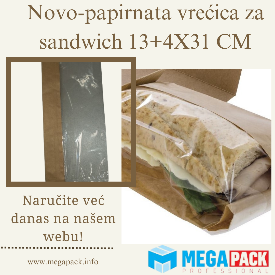 PAPIRNATA VREĆICA ZA SANDWICH S PROZOROM SMEĐA 13+4X31 CM 1000/1.