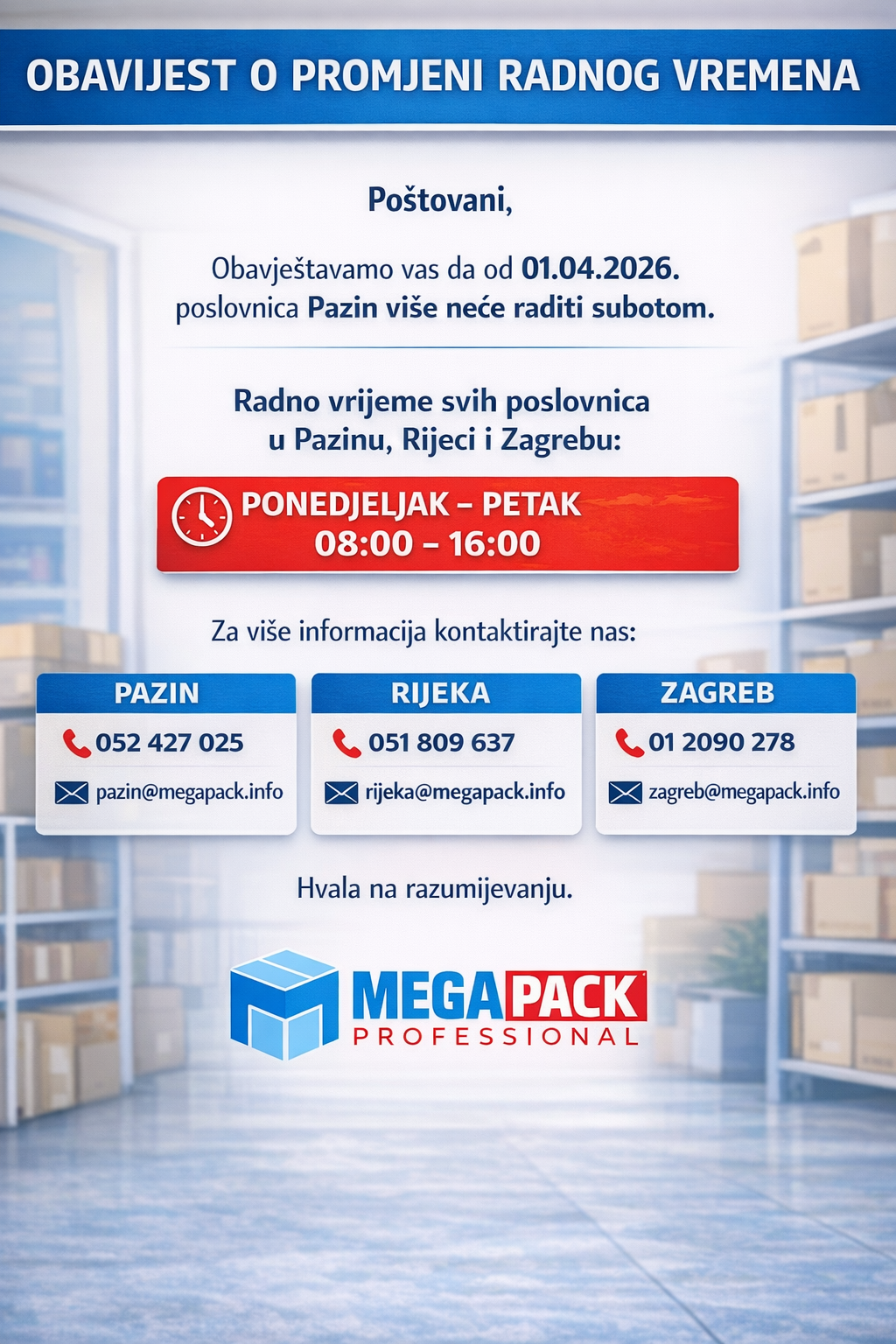 OBAVIJEST O PROMJENI RADNOG VREMENA