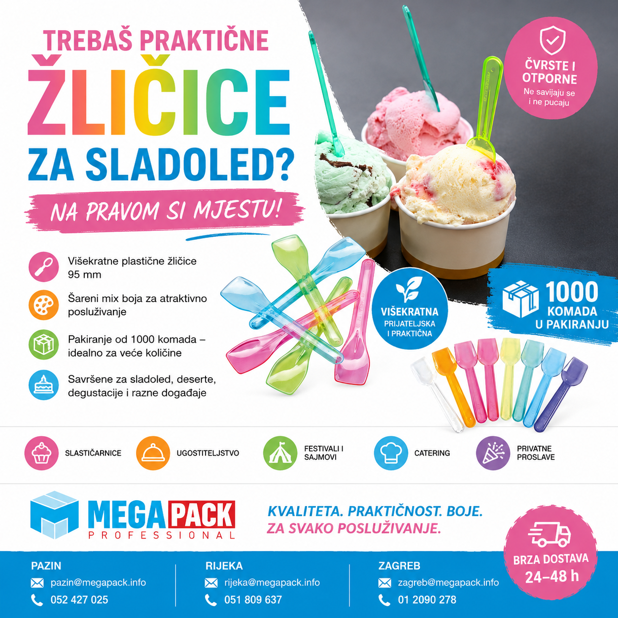 Višekratne plastične žličice za sladoled 95 mm – šareni mix boja