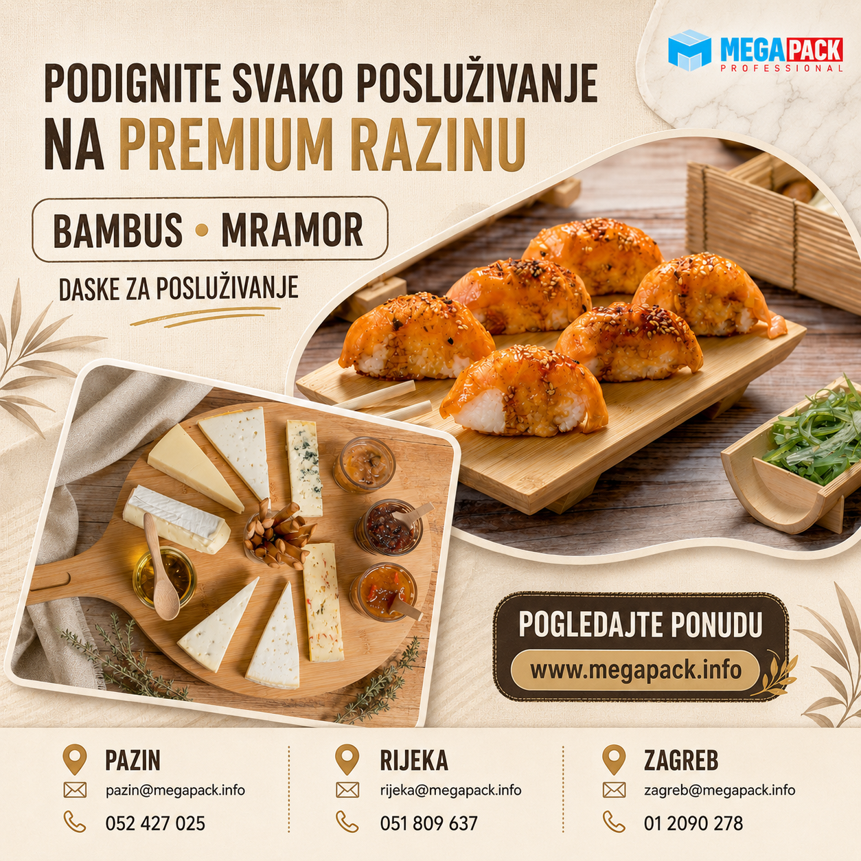 Daske za posluživanje od bambusa i mramorni podmetači
