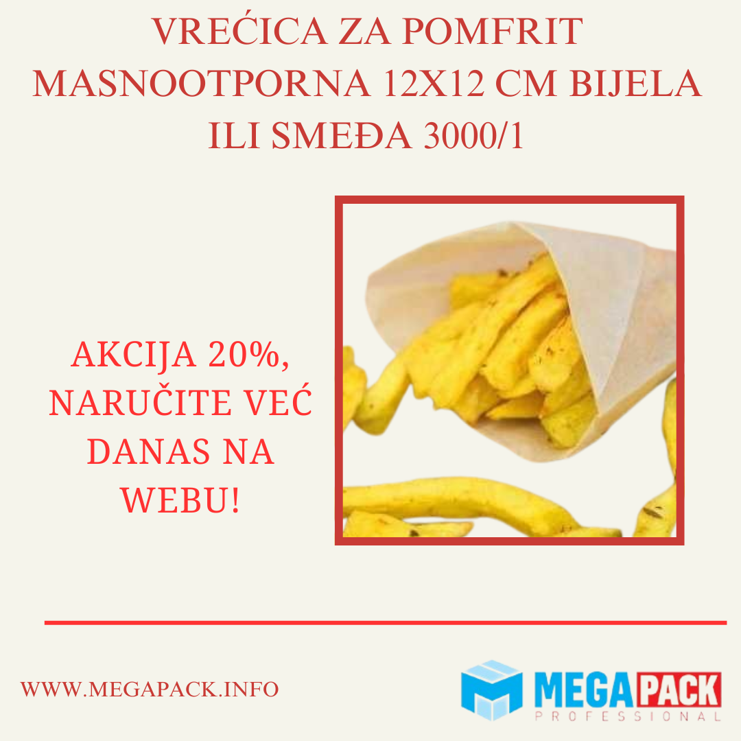 POSEBNA PONUDA: VREĆICA ZA POMFRIT MASNOOTPORNA 12X12 CM BIJELA I/ILI SMEĐA 3000/1