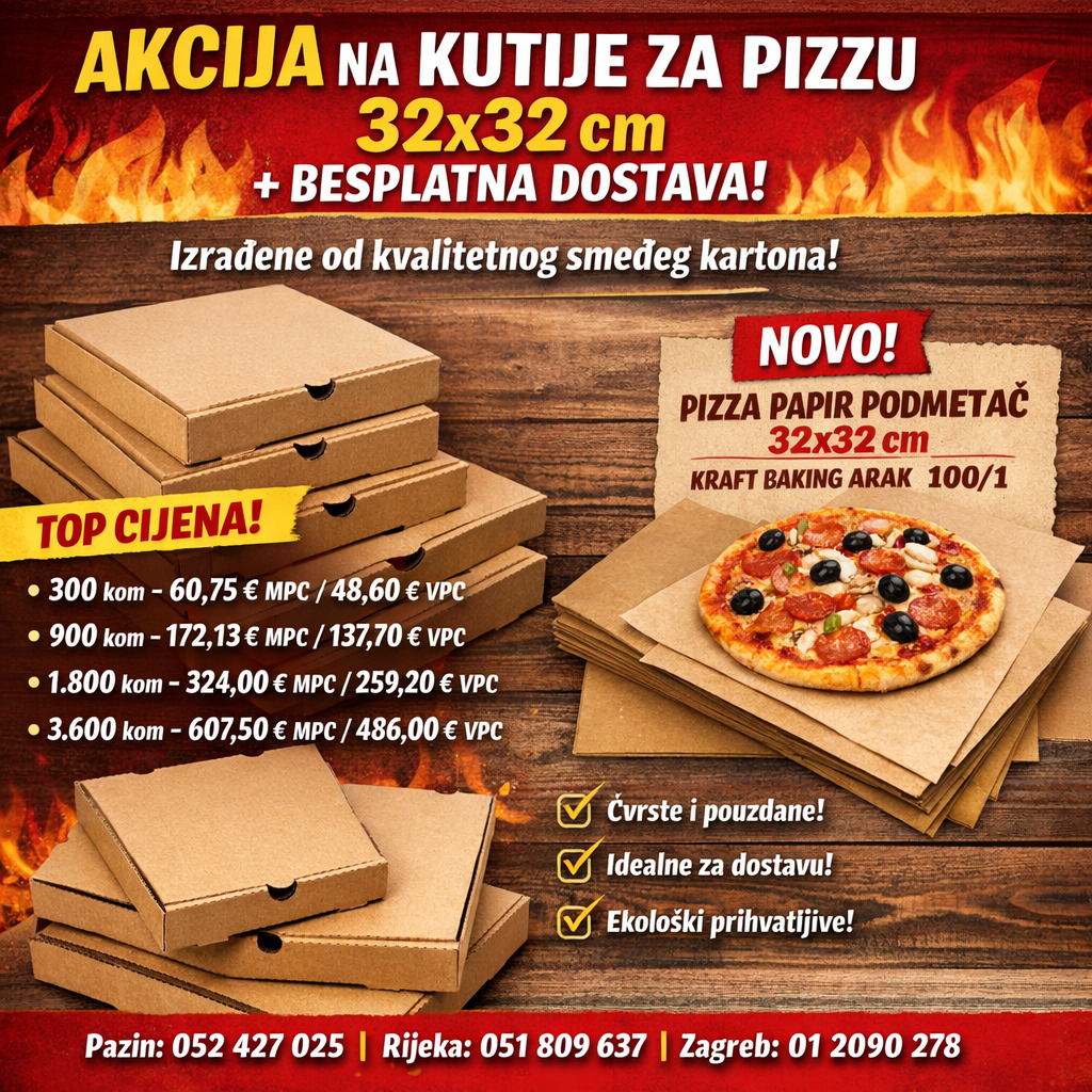 Akcija na kutije za pizzu 32x32 cm + kraft papirni podmetači
