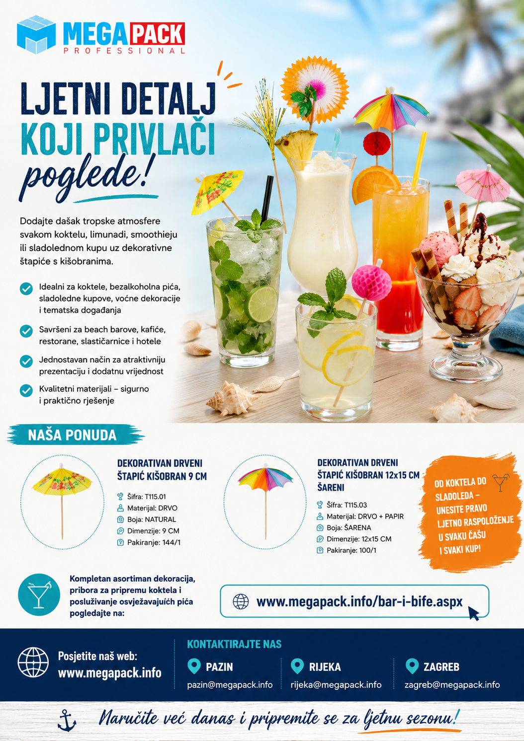 Dekorativni štapići s kišobranima za koktele, pića i sladoledne kupove